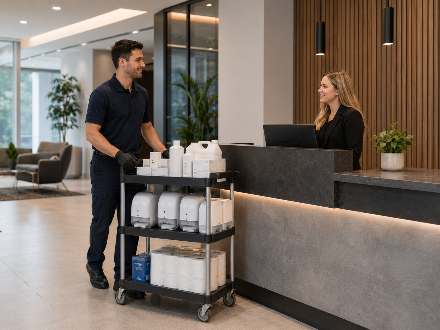 Operatore con carrello che consegna prodotti per l'igiene presso un cliente