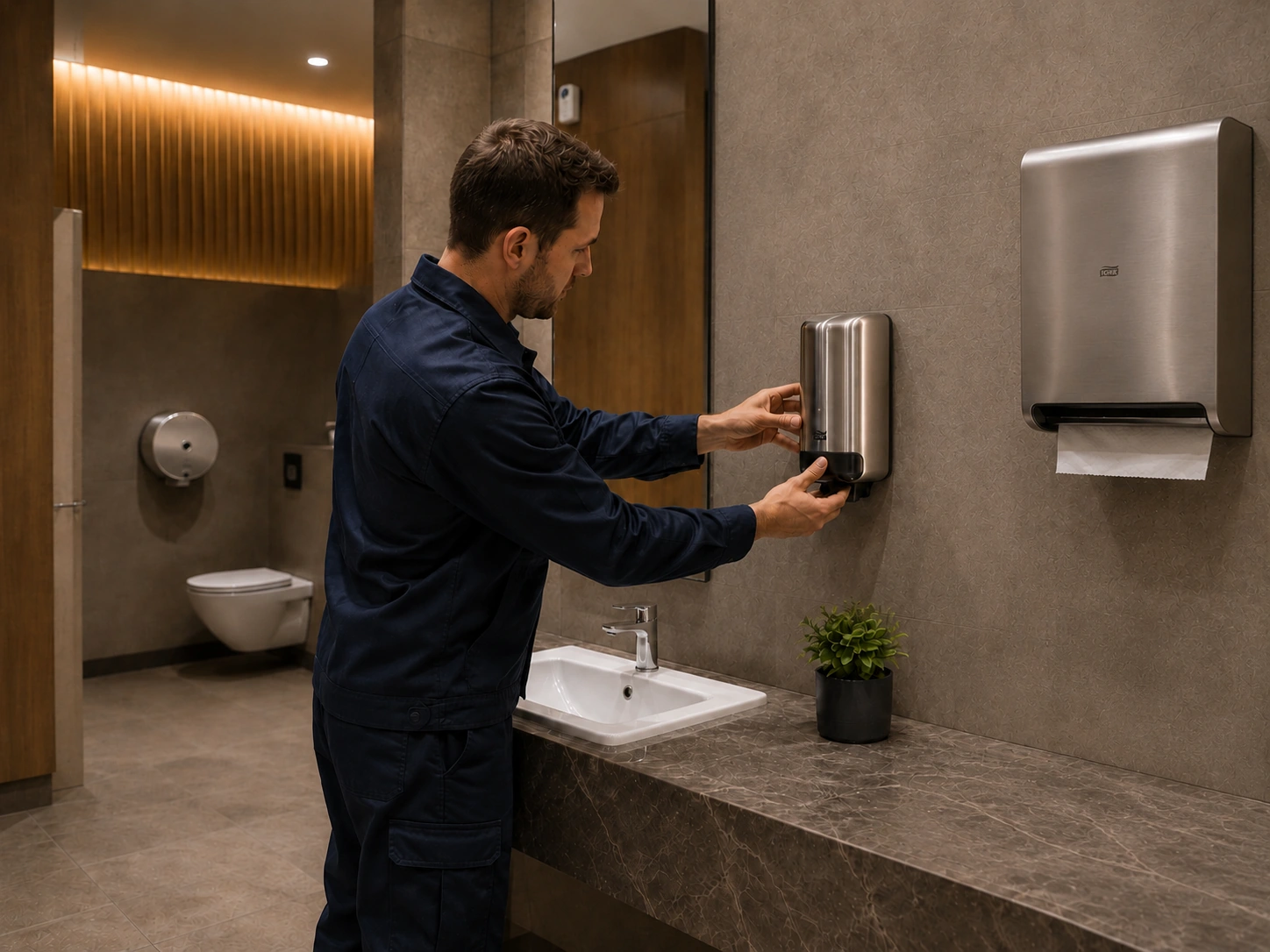 Tecnico durante installazione e verifica dei dispenser