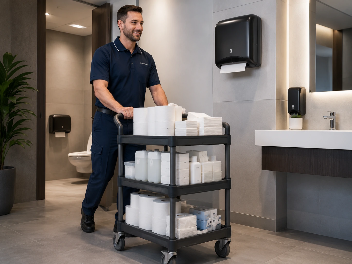Operatore Sanimax con carrellino per la consegna programmata dei consumabili bagno
