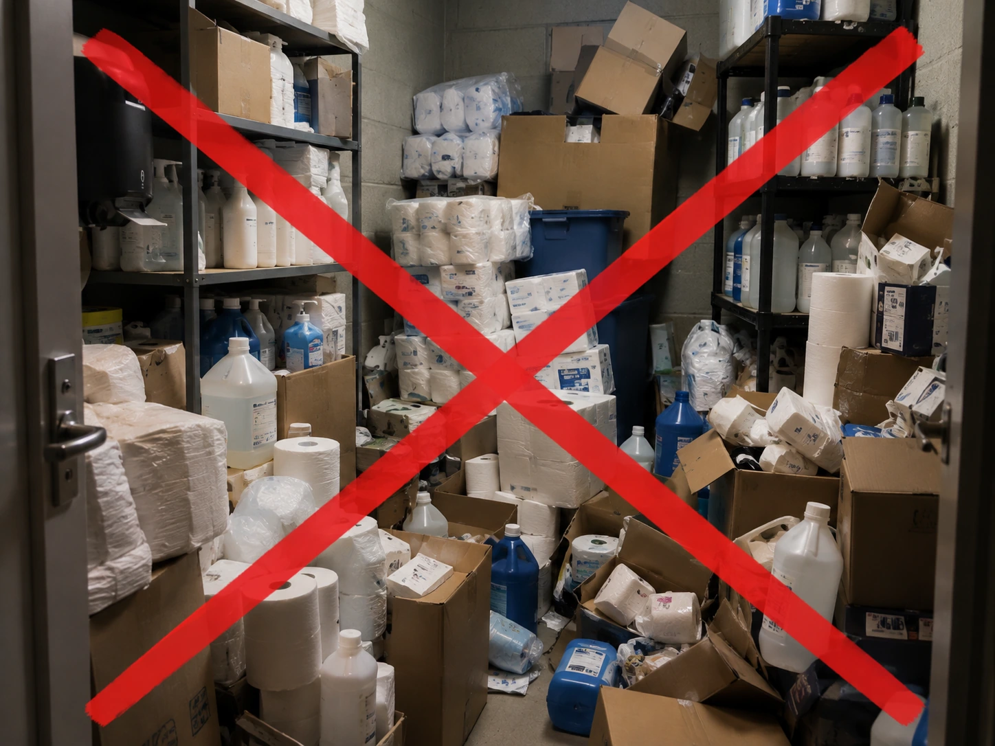 Piccolo deposito confusionario di carta, sapone e detergenti barrato da una X rossa