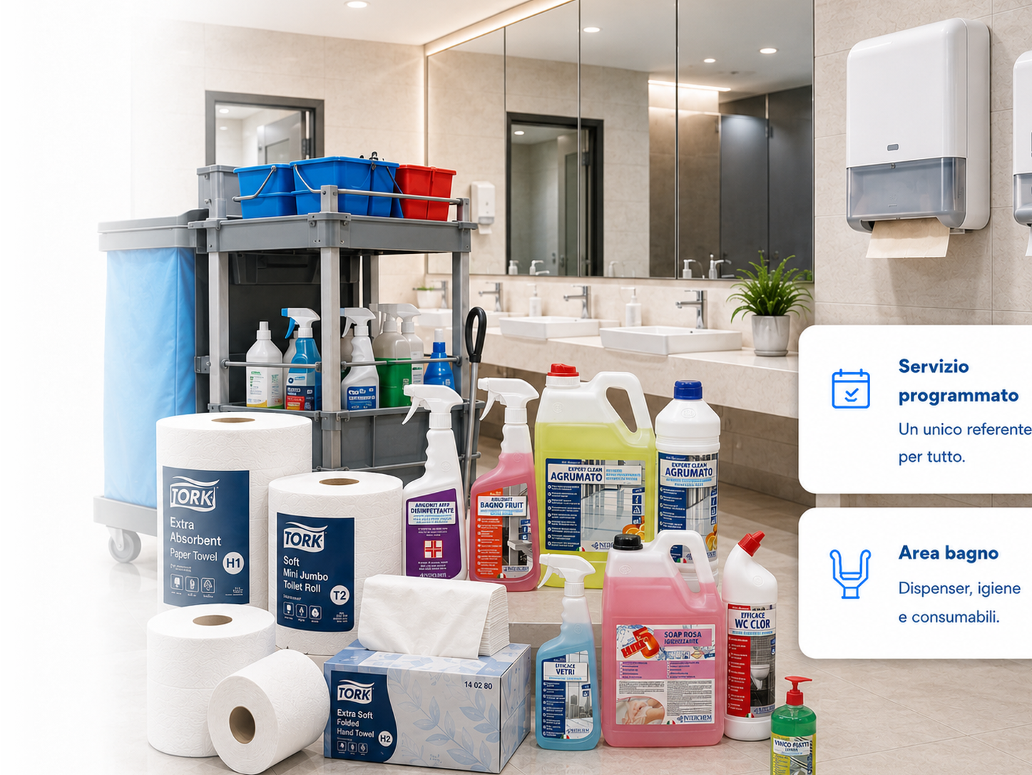 Area bagno professionale Sanimax con carrello, dispenser e prodotti