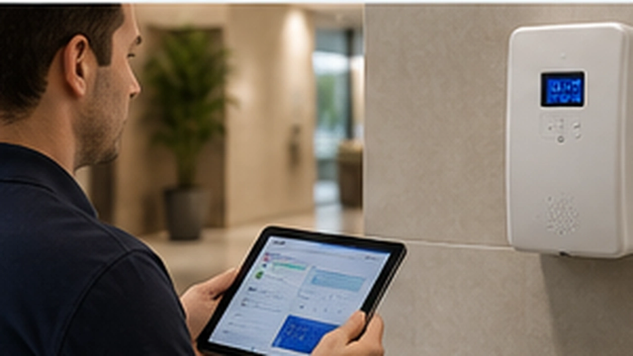 Operatore Sanimax con tablet durante il controllo programmato del servizio
